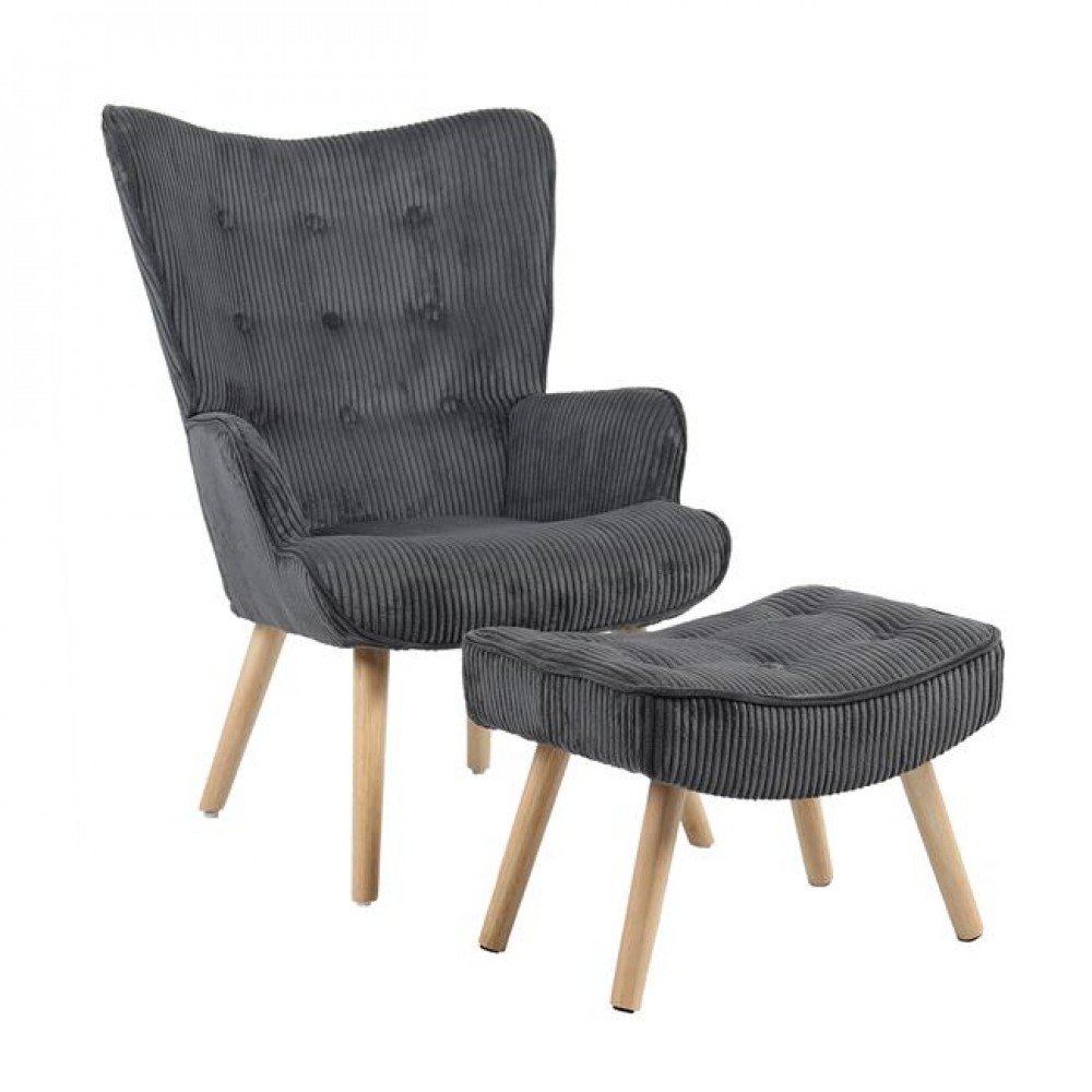 Πολυθρόνα-μπερζέρα "ALMA" με υποπόδιο από ύφασμα κοτλέ/rubberwood σε χρώμα γκρι/φυσικό