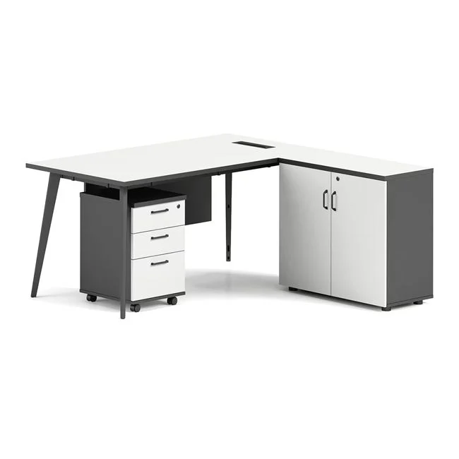 Γραφείο επαγγελματικό "STATUS" αναστρέψιμη γωνία σε χρώμα λευκό/γκρι 160x80/40x75