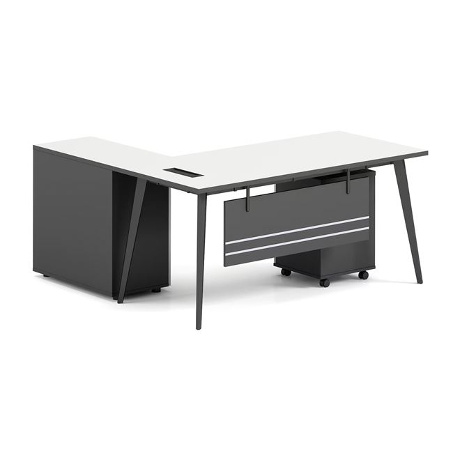 Γραφείο επαγγελματικό "STATUS" αναστρέψιμη γωνία σε χρώμα λευκό/γκρι 180x80/40x75