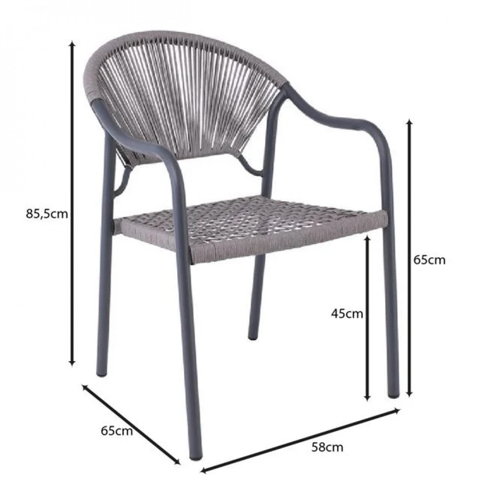 Πολυθρόνα "POLIS" στοιβαζόμενη από μέταλλο/rope wicker σε χρώμα ανθρακί/γκρι 58x65x85.5