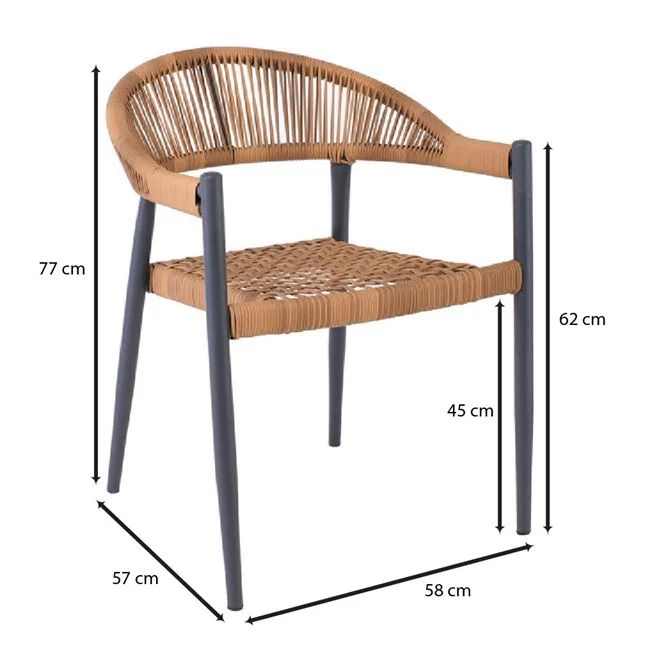 Πολυθρόνα "POLIS" στοιβαζόμενη από μέταλλο/rope wicker σε χρώμα ανθρακί/φυσικό 58x57x77