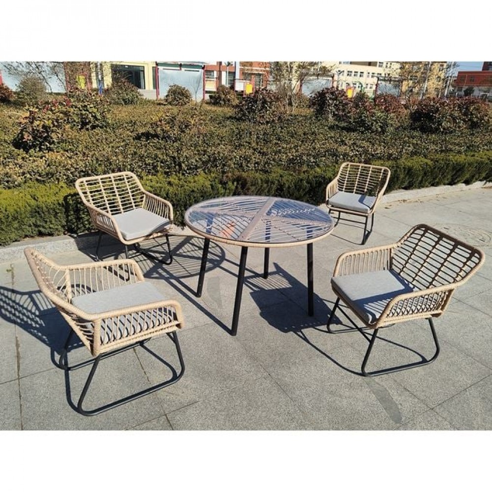 Σετ εξωτερικού χώρου "SALSA" 5τμχ από wicker/μέταλλο/γυαλί σε χρώμα φυσικό/μαύρο Φ100x75