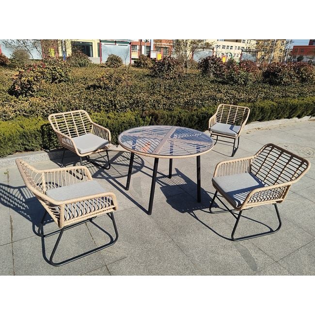 Σετ εξωτερικού χώρου "SALSA" 5τμχ από wicker/μέταλλο/γυαλί σε χρώμα φυσικό/μαύρο Φ100x75