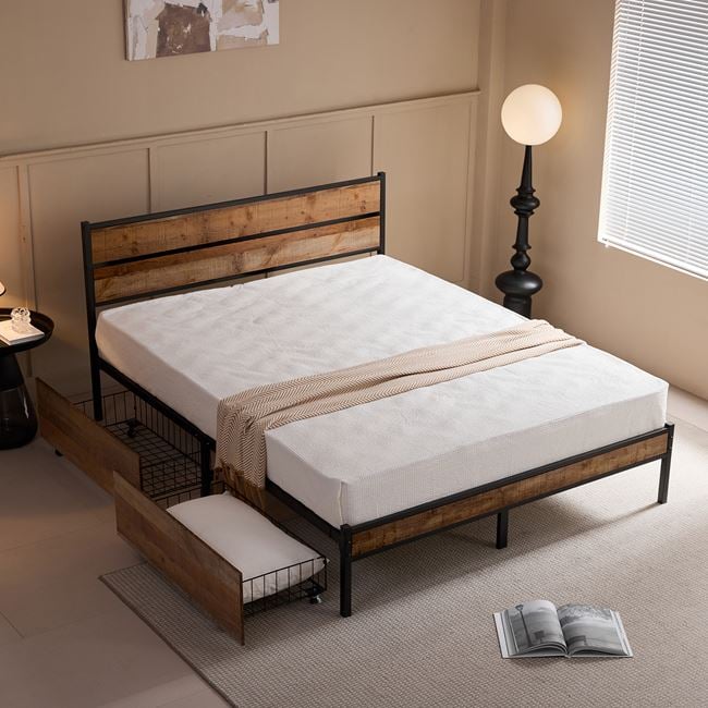 Κρεβάτι διπλό "PALLET" με συρτάρια από mdf/μέταλλο σε χρώμα antique oak/μαύρο 160x200