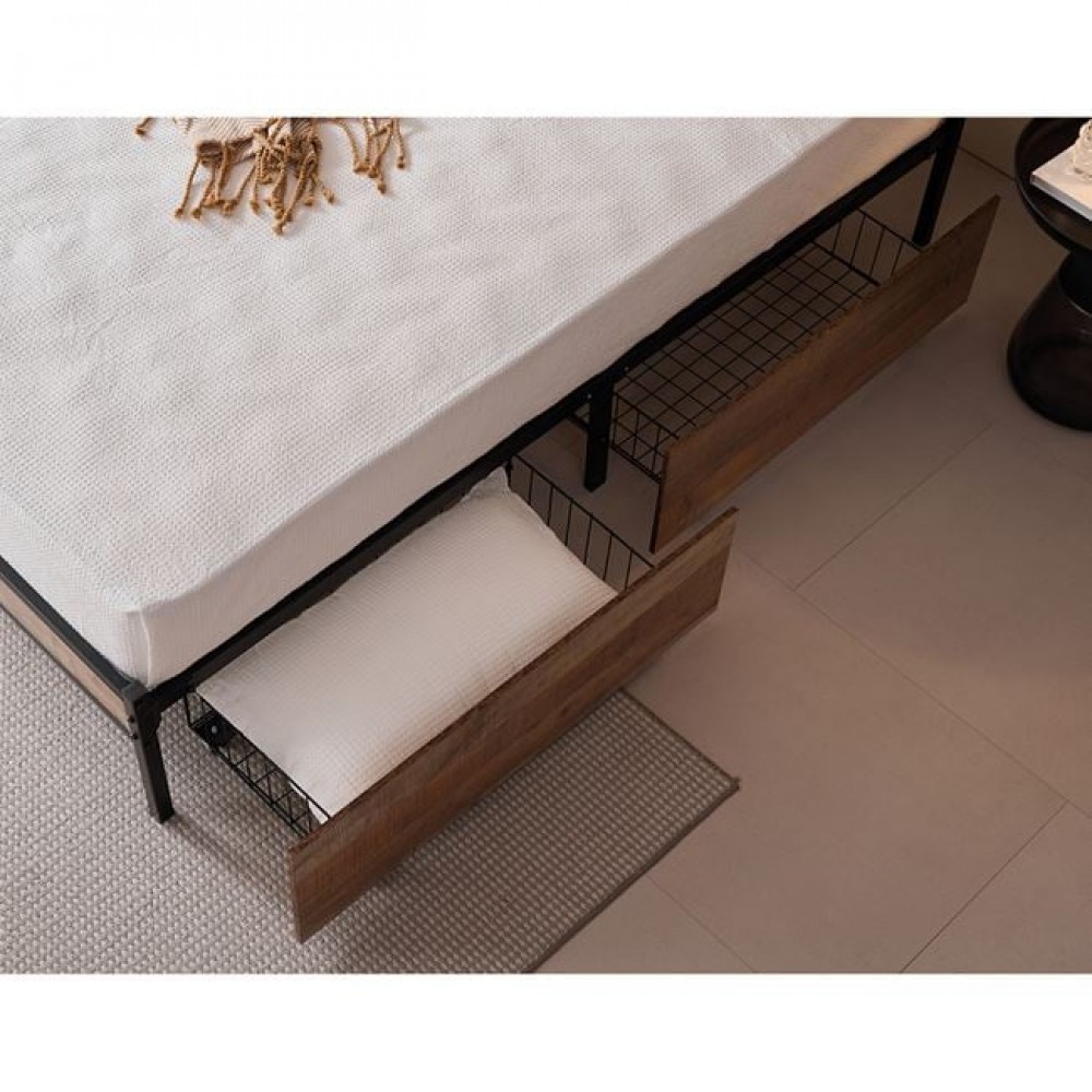 Κρεβάτι διπλό "PALLET" με συρτάρια από mdf/μέταλλο σε χρώμα antique oak/μαύρο 160x200