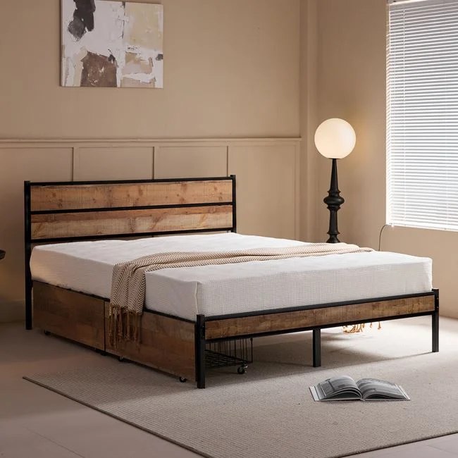 Κρεβάτι διπλό "PALLET" με συρτάρια από mdf/μέταλλο σε χρώμα antique oak/μαύρο 160x200