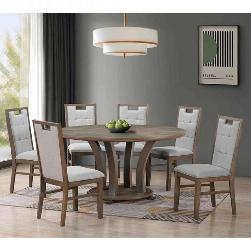 Σετ τραπεζαρίας "GORDON" 7τμχ από ξύλο/ύφασμα σε χρώμα καρυδί/γκρι Φ150x74