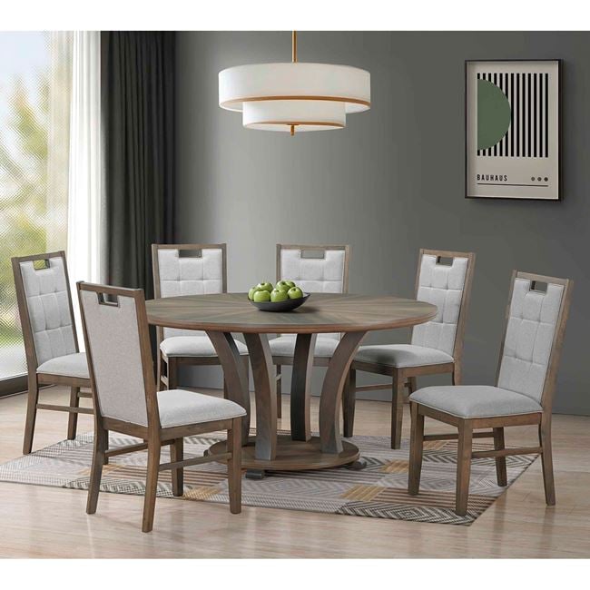 Σετ τραπεζαρίας "GORDON" 7τμχ από ξύλο/ύφασμα σε χρώμα καρυδί/γκρι Φ150x74