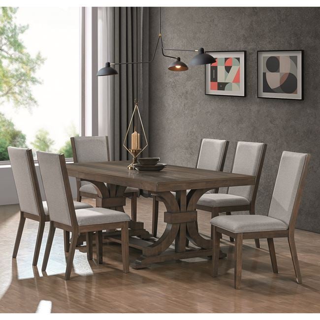 Σετ τραπεζαρίας "KING" 7τμχ από ξύλο/ύφασμα σε χρώμα καρυδί/αντικέ γκρι 200x100x75