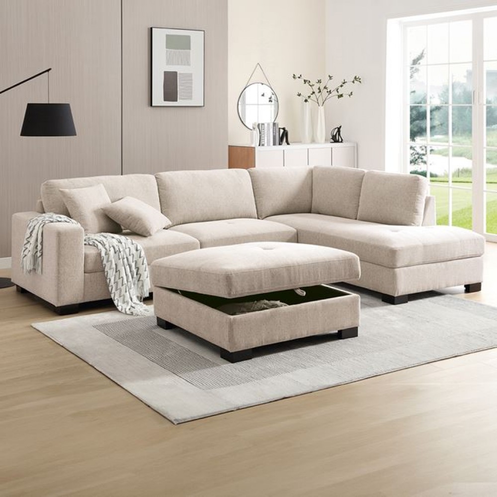 Καναπές γωνία "DORNO" από ύφασμα σε χρώμα μπεζ 308x207/98x91