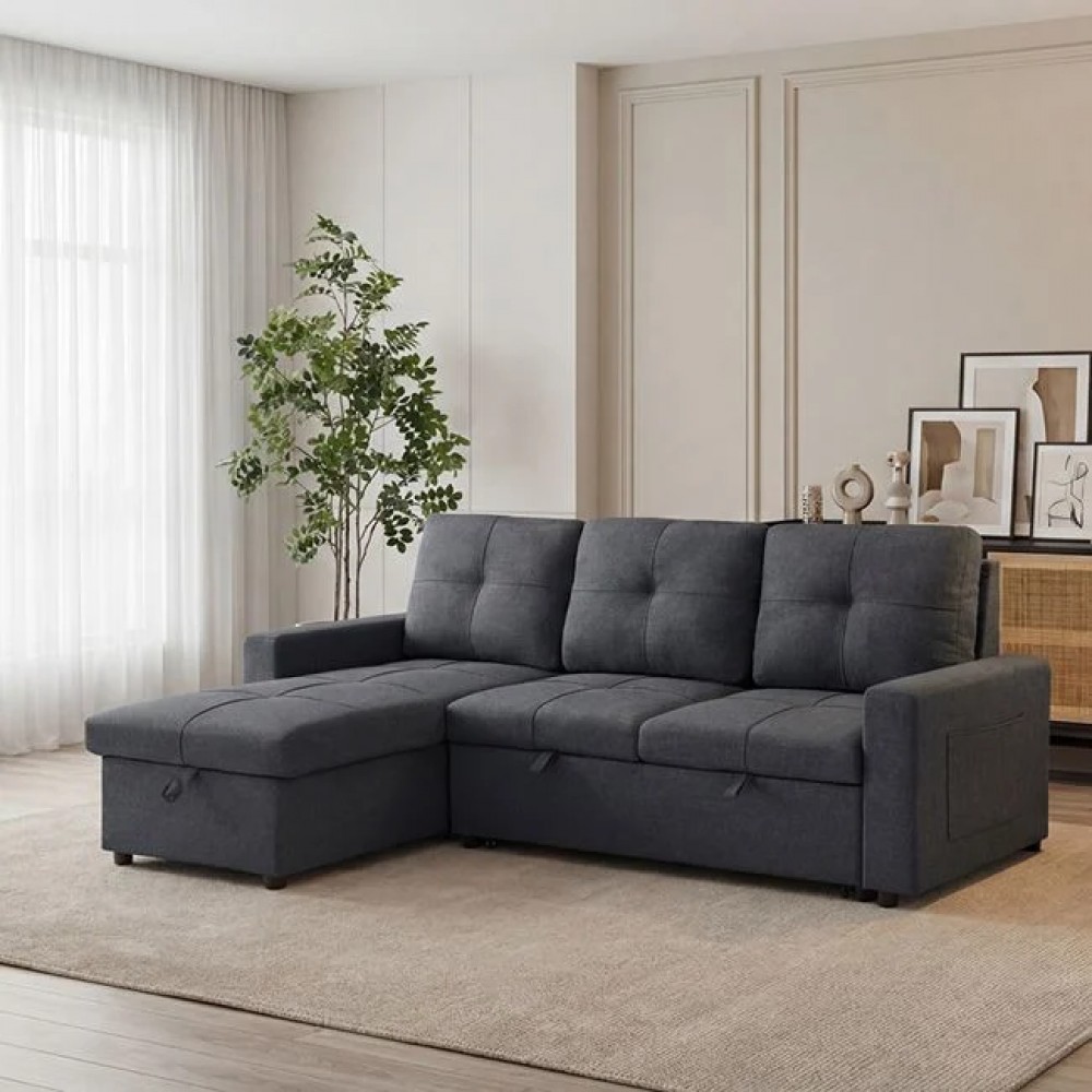 Γωνιακός καναπές-κρεβάτι "MONTREAL-S" αναστρέψιμος από ύφασμα σε ανθρακί χρώμα  215x150x70x89