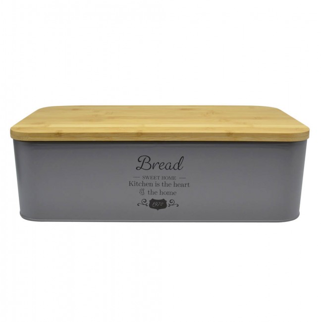 Ψωμιέρα μεταλλική γκρι "BREAD" με μπαμπού καπάκι 42.3x23x12.7