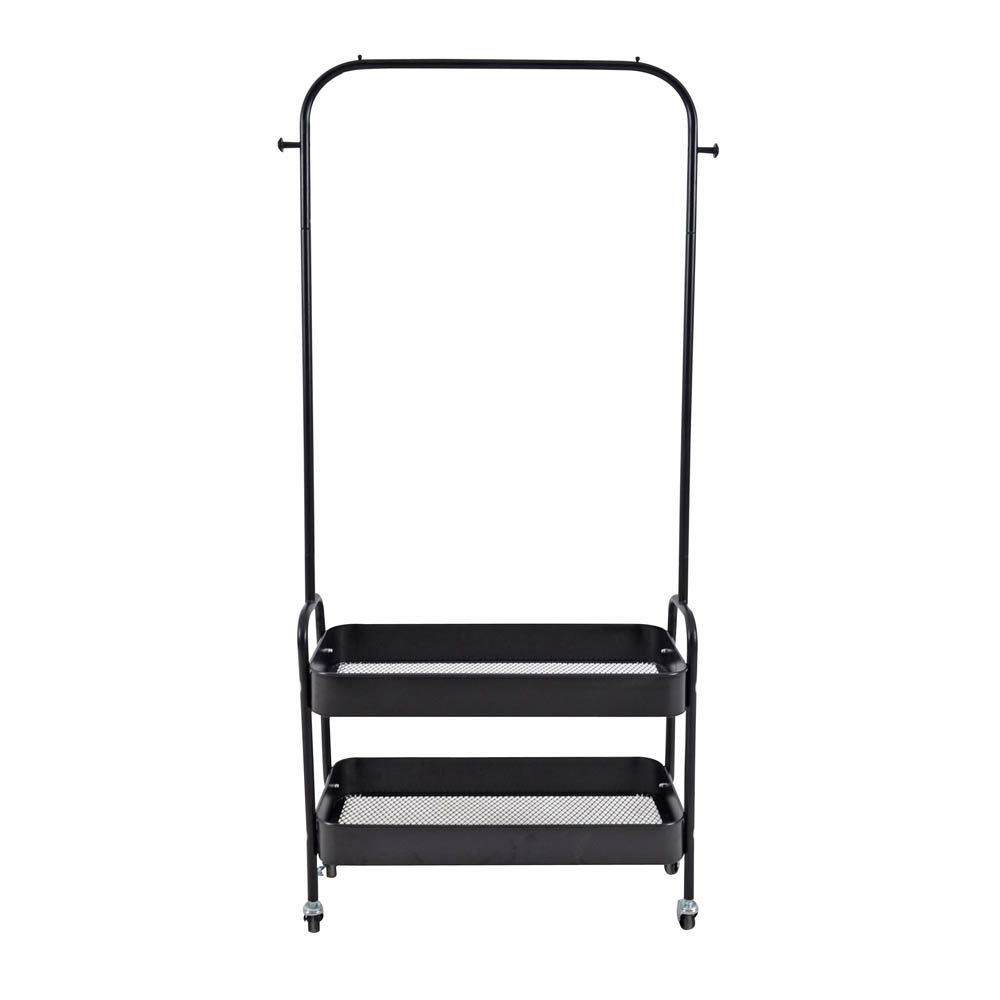 Κρεμάστρα τροχήλατη από μέταλλο σε χρώμα  μαύρο ματ με δύο ράφια 67x30x159
