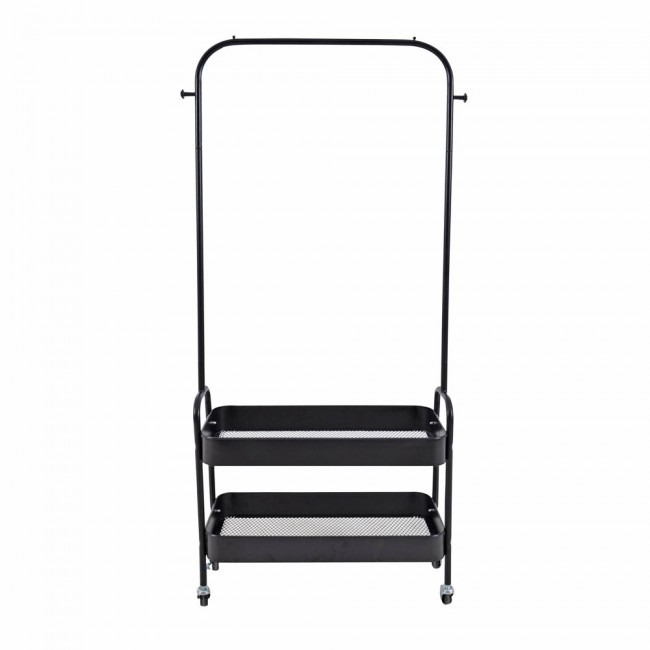 Κρεμάστρα τροχήλατη από μέταλλο σε χρώμα  μαύρο ματ με δύο ράφια 67x30x159