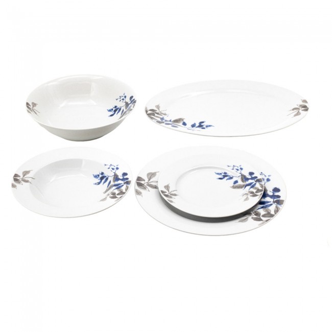 Σερβίτσιο πιάτων πορσελάνινο σε λευκό χρώμα με γκρι/μπλε φύλλα 20τμχ