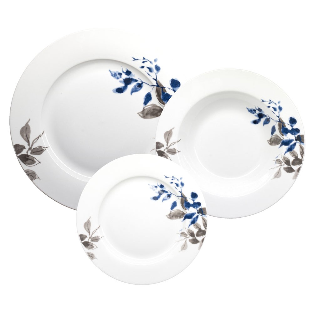 Σερβίτσιο πιάτων πορσελάνινο σε λευκό χρώμα με γκρι/μπλε φύλλα 20τμχ