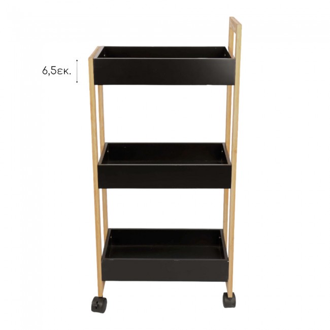 Τρόλεϊ ραφιέρα ξύλινη 3 θέσεων σε μαύρο χρώμα 38x20x80