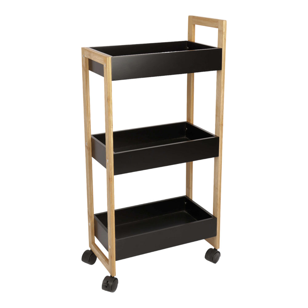 Τρόλεϊ ραφιέρα ξύλινη 3 θέσεων σε μαύρο χρώμα 38x20x80