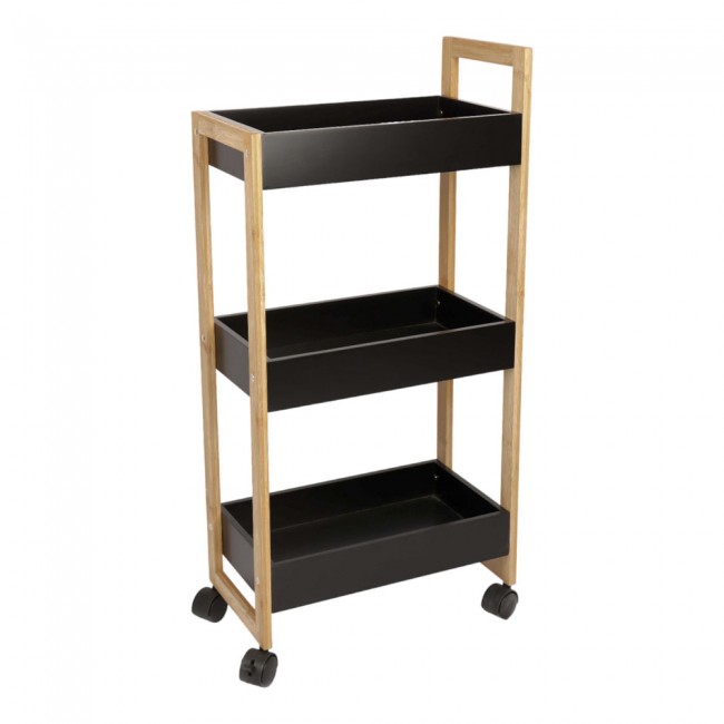 Τρόλεϊ ραφιέρα ξύλινη 3 θέσεων σε μαύρο χρώμα 38x20x80