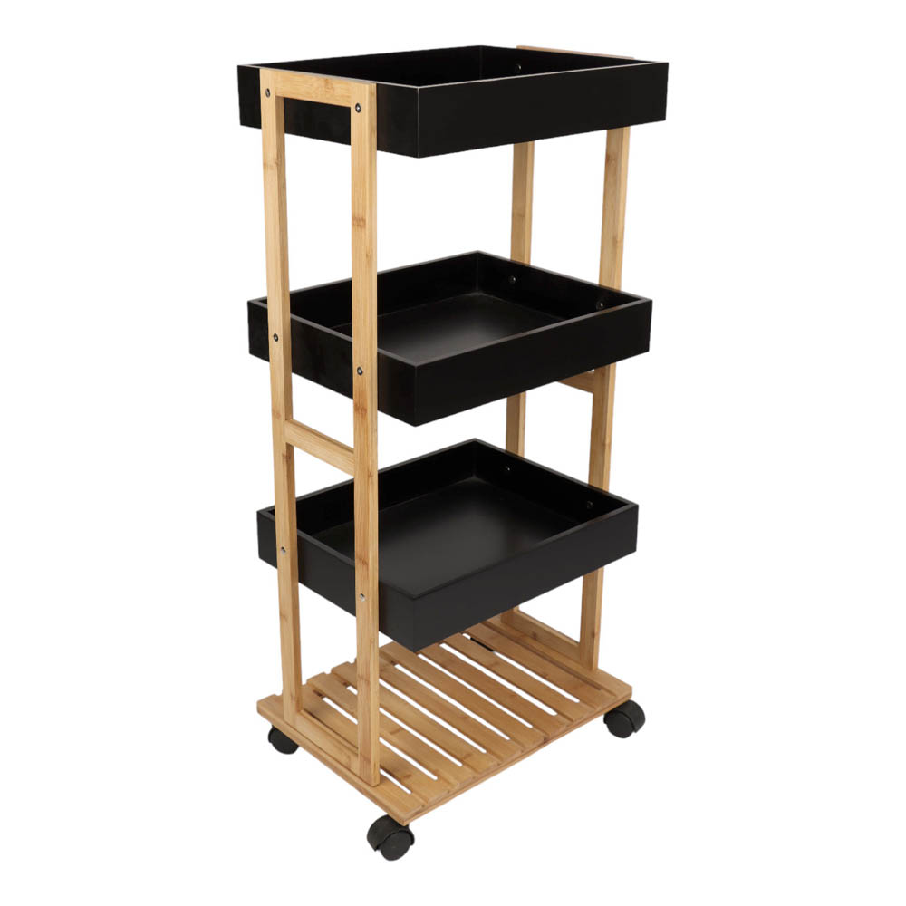 Τρόλεϊ ραφιέρα ξύλινη 4 θέσεων σε μαύρο χρώμα 40x30x88