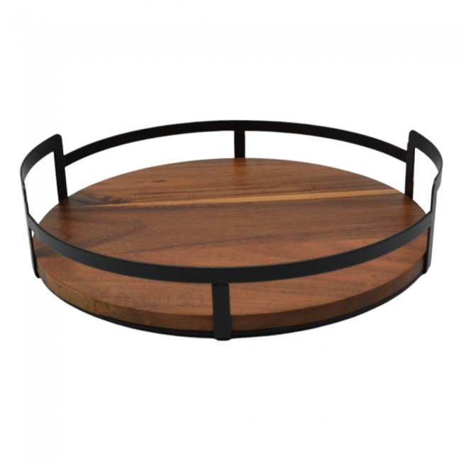 Δίσκος στρογγυλός από μέταλλο/ξύλο σε χρώμα μαύρο/φυσικό Φ28.5x6