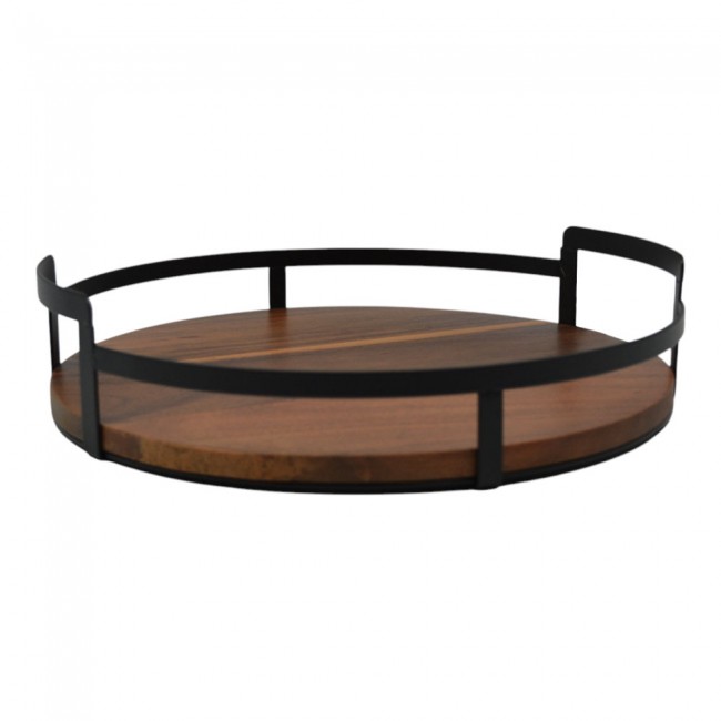 Δίσκος στρογγυλός από μέταλλο/ξύλο σε χρώμα μαύρο/φυσικό Φ28.5x6