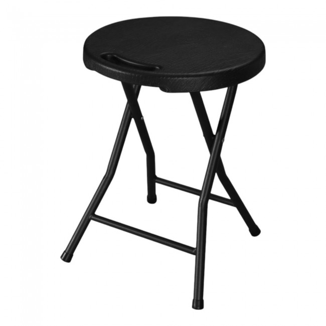 Σκαμπό αναδιπλούμενο από μέταλλο/πλαστικό σε χρώμα μαύρο με όψη ξύλου 33x33x45