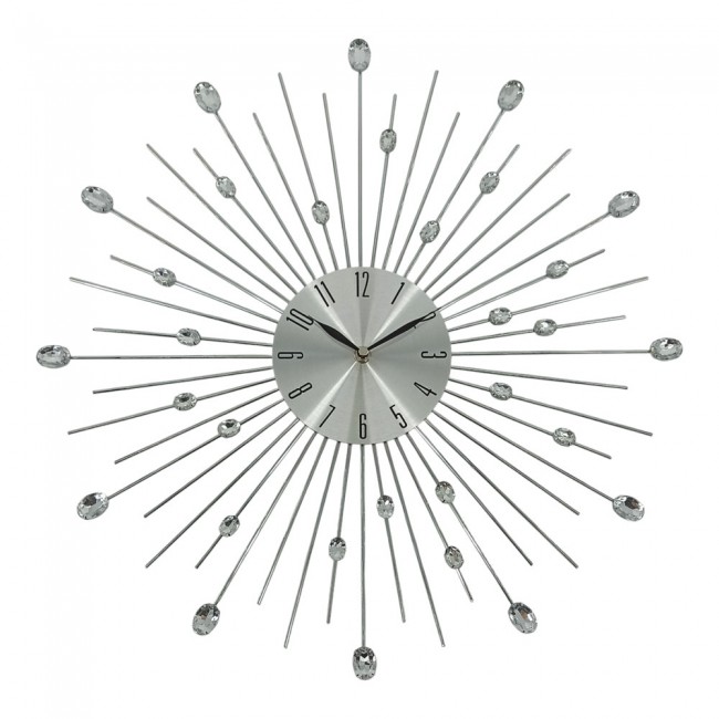 Ρολόι τοίχου μεταλλικό σε χρώμα ασημί με διάφανους κρυστάλλους 50x50x4
