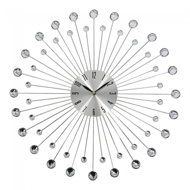 Ρολόι τοίχου μεταλλικό σε χρώμα ασημί με διάφανους κρυστάλλους 50x50x4