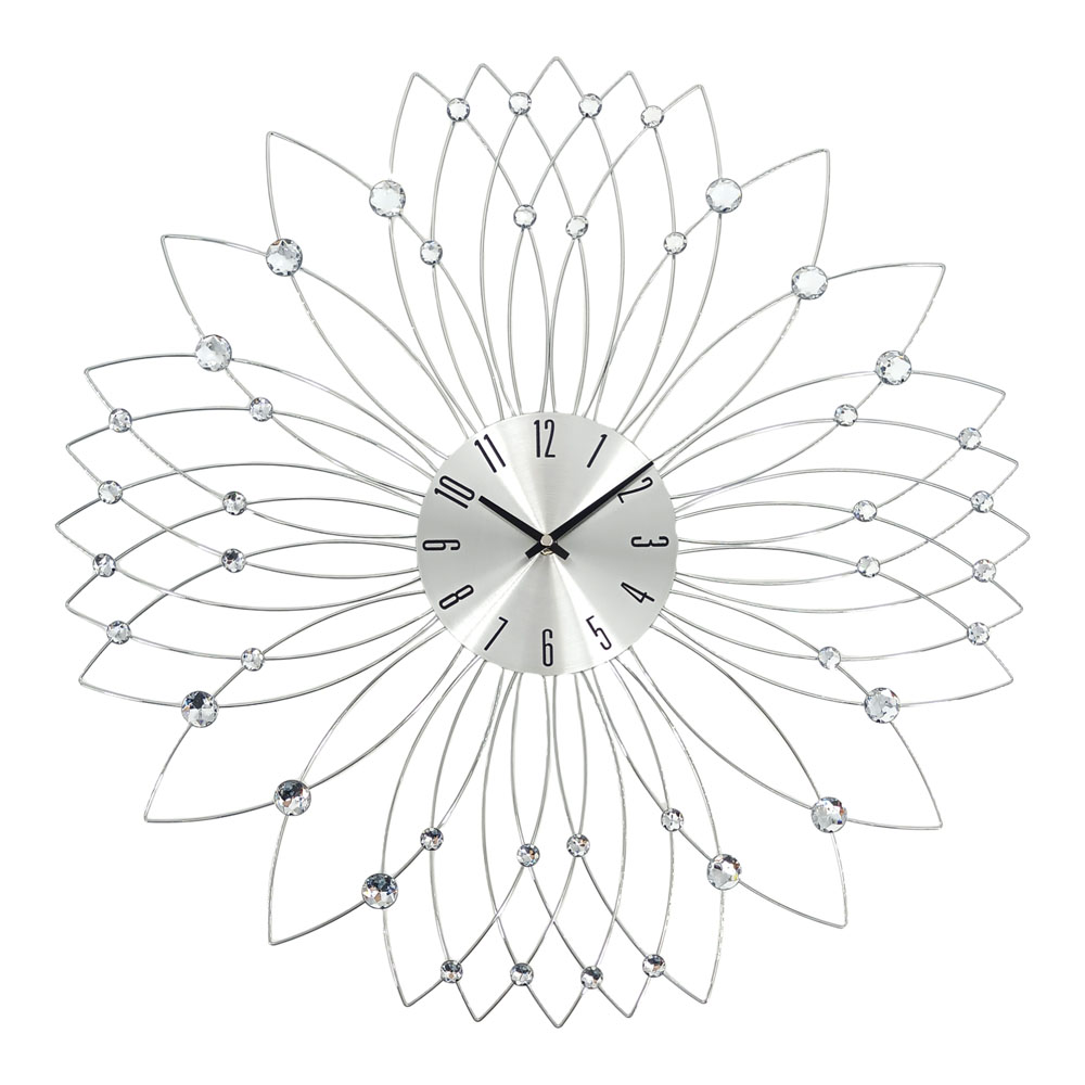 Ρολόι τοίχου μεταλλικό σε χρώμα ασημί με διάφανους κρυστάλλους 60x60x4