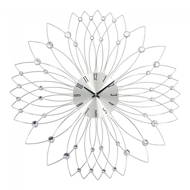 Ρολόι τοίχου μεταλλικό σε χρώμα ασημί με διάφανους κρυστάλλους 60x60x4
