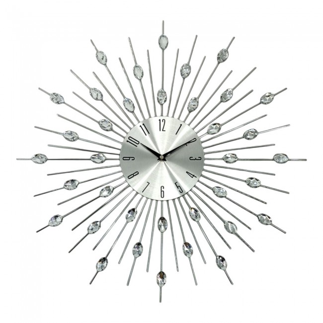 Ρολόι τοίχου μεταλλικό σε χρώμα ασημί με διάφανους κρυστάλλους 56x56x4