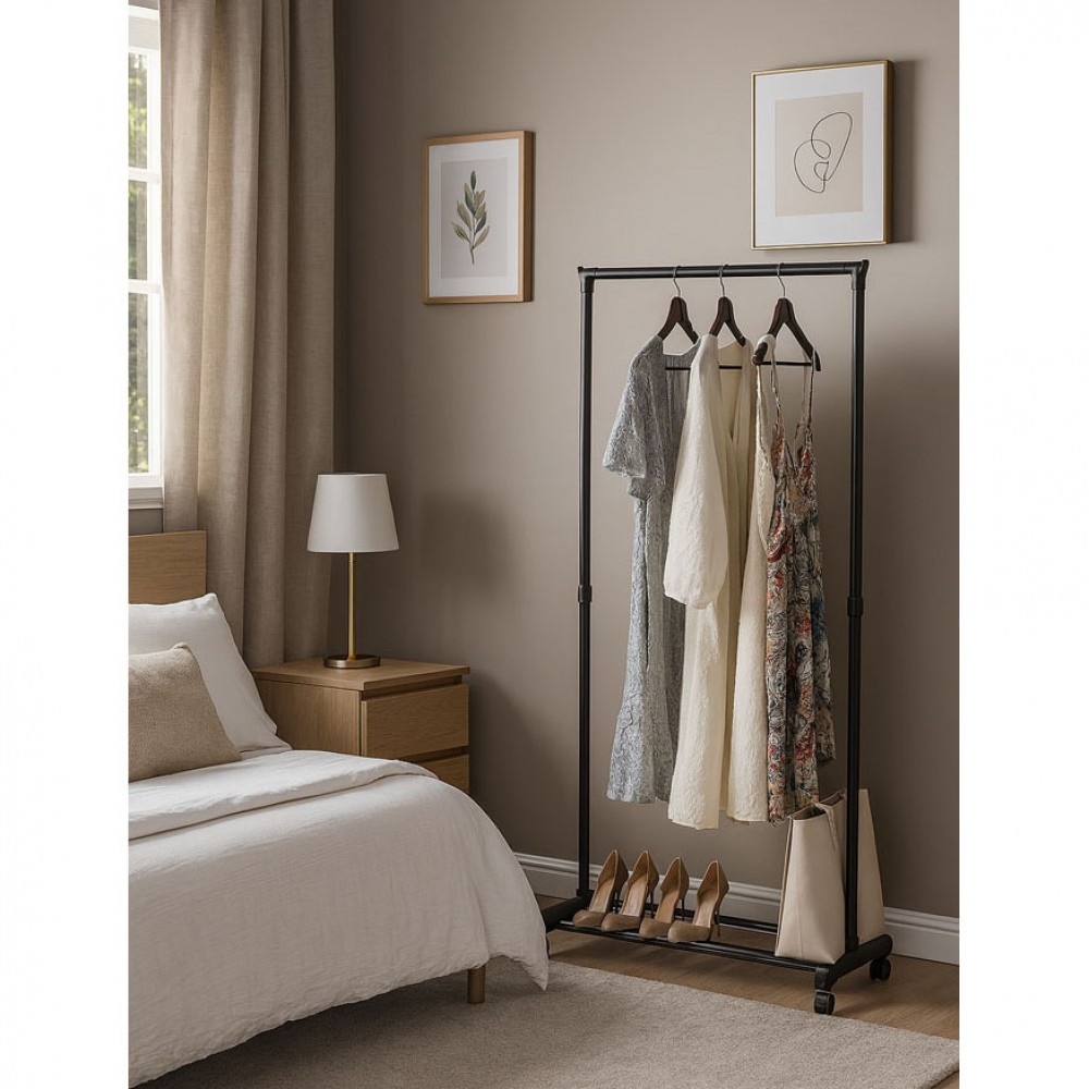 Κρεμάστρα τροχήλατη από μέταλλο σε χρώμα μαύρο 74.5x41.5x157