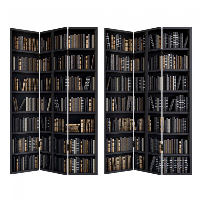 Παραβάν τριπλό σε τυπωμένο καμβά με βιβλιοθήκη σε χρώμα μαύρο 180x120x2.5