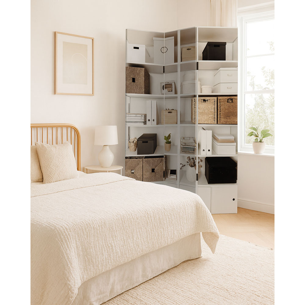 Παραβάν τριπλό σε τυπωμένο καμβά με βιβλιοθήκη σε χρώμα λευκό 180x120x2.5