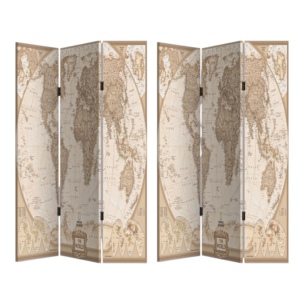 Παραβάν τριπλό σε τυπωμένο καμβά με παγκόσμιο χάρτη 80x120x2.5