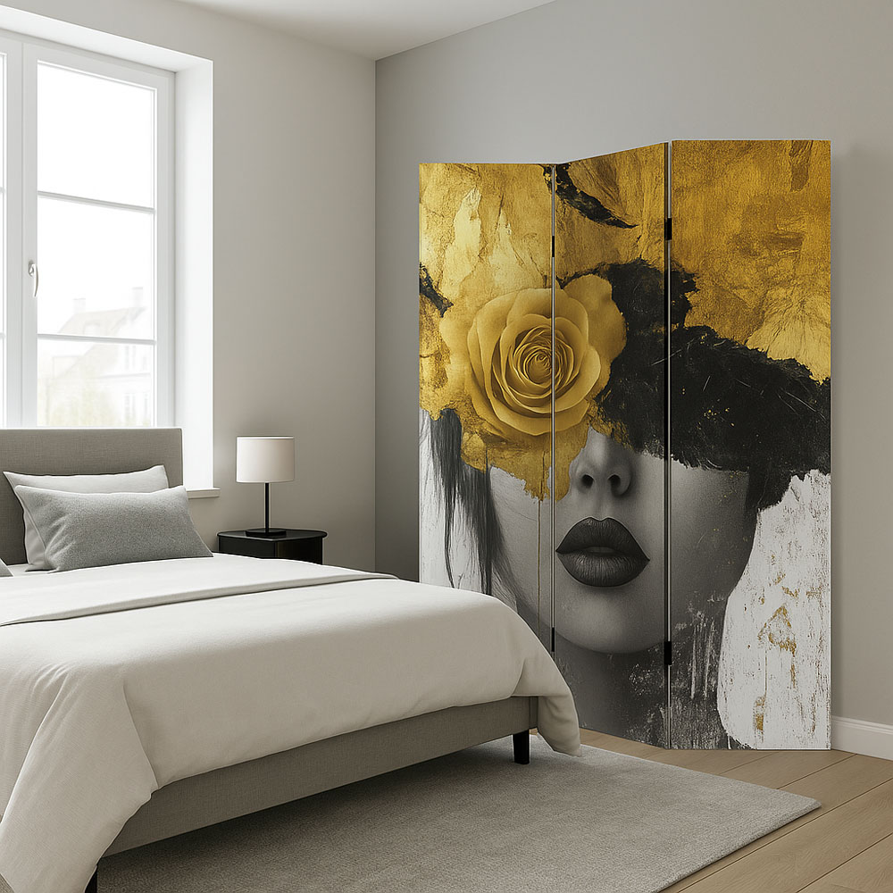 Παραβάν τριπλό σε τυπωμένο καμβά με γυναικείο πορτρέτο και χρυσά λουλούδια 180x120x2,5