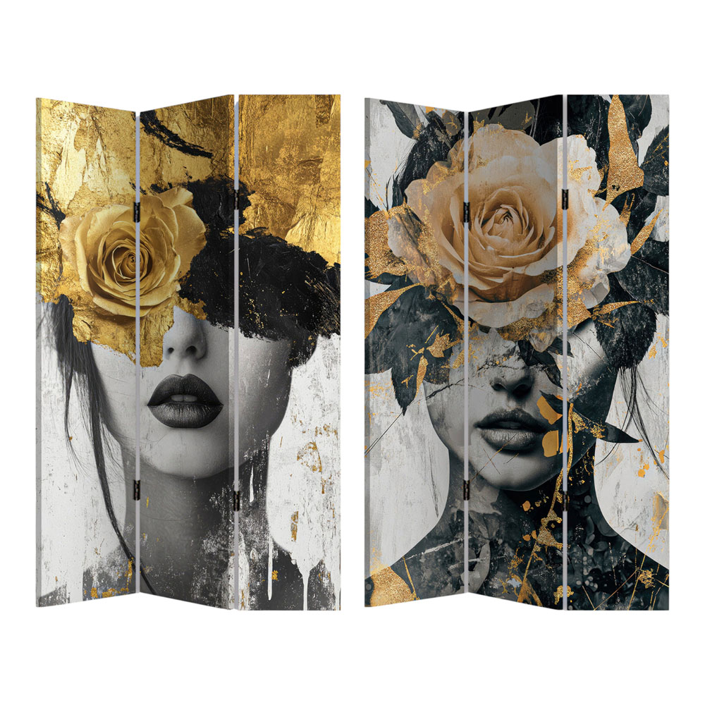 Παραβάν τριπλό σε τυπωμένο καμβά με γυναικείο πορτρέτο και χρυσά λουλούδια 180x120x2,5