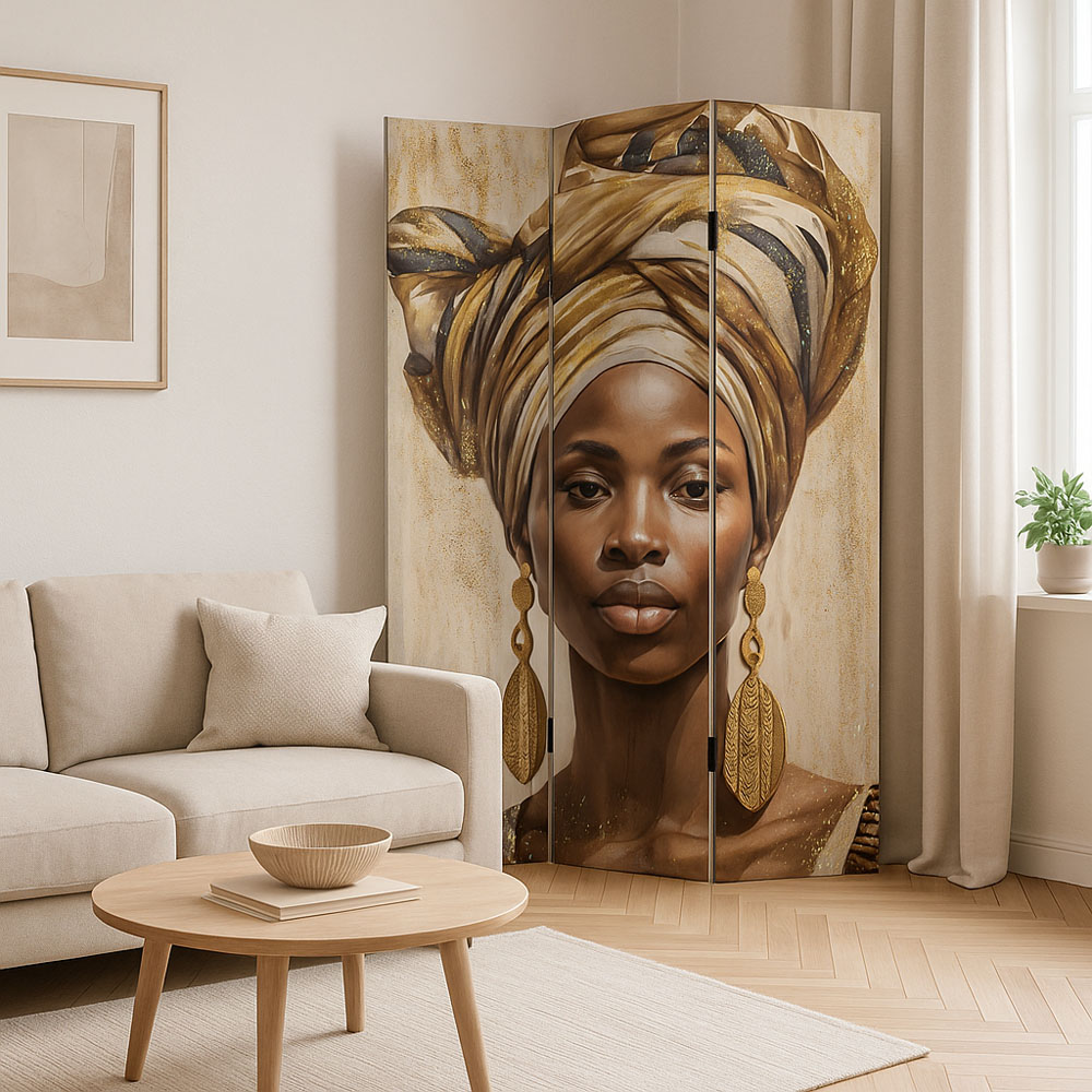 Παραβάν τριπλό σε τυπωμένο καμβά με γυναικείο πορτρέτο και χρυσές λεπομέρειες 180x120x2.5