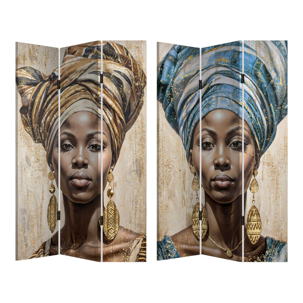 Παραβάν τριπλό σε τυπωμένο καμβά με γυναικείο πορτρέτο και χρυσές λεπομέρειες 180x120x2.5