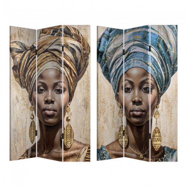 Παραβάν τριπλό σε τυπωμένο καμβά με γυναικείο πορτρέτο και χρυσές λεπομέρειες 180x120x2.5