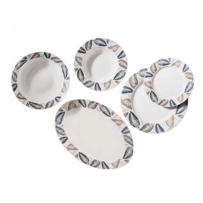 Σερβίτσιο πιάτων πορσελάνινο 20τμχ με πετρόλ και γκρι φύλλα