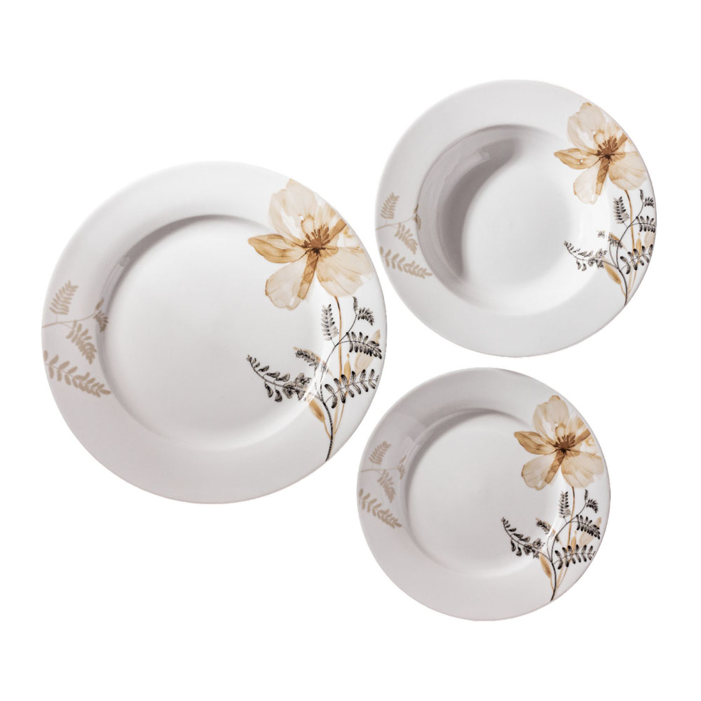 Σερβίτσιο πιάτων πορσελάνινο 18τμχ με μπεζ λουλούδι