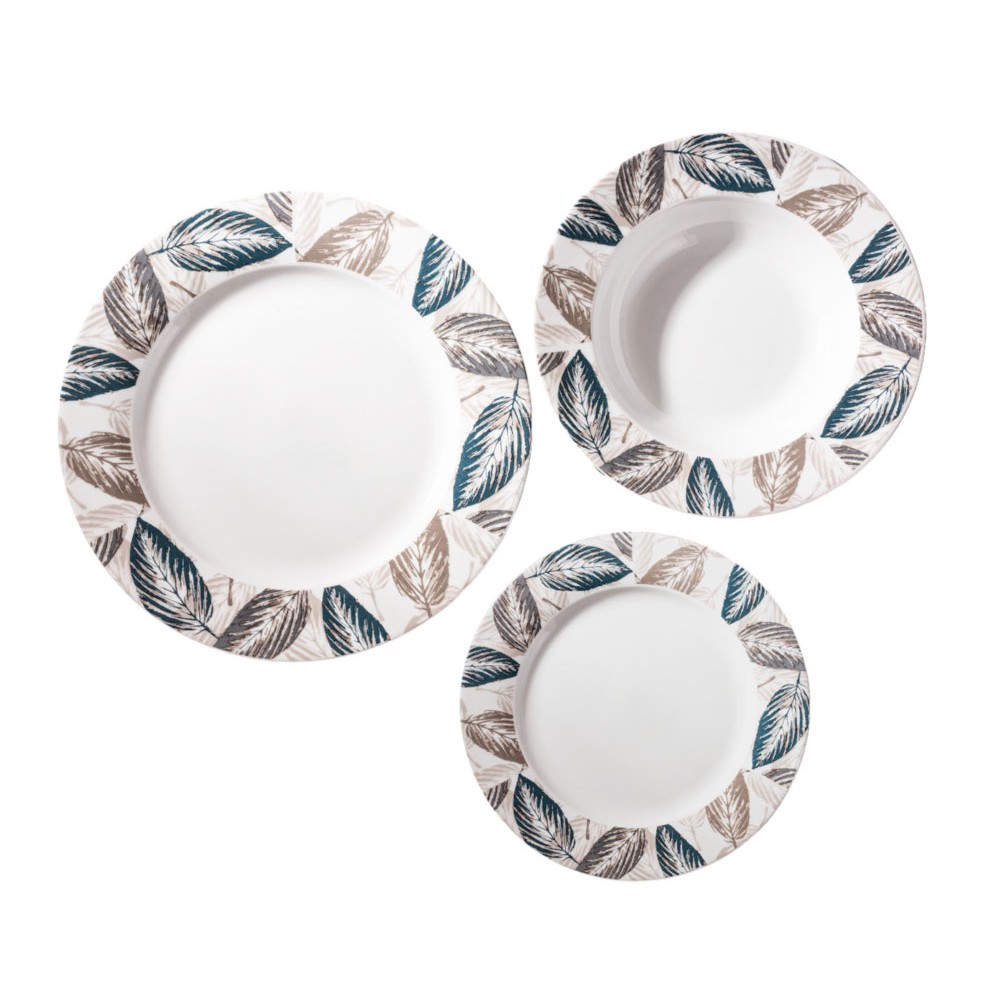 Σερβίτσιο πιάτων πορσελάνινο 18τμχ με πετρόλ και γκρι φύλλα