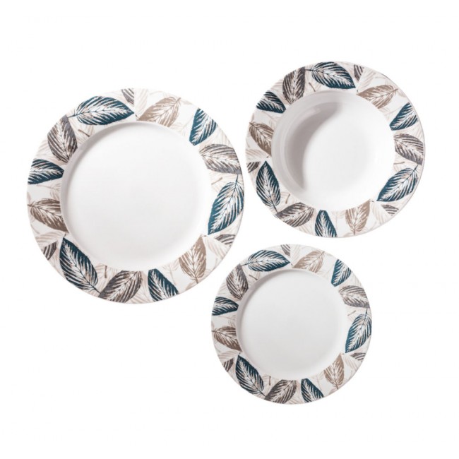 Σερβίτσιο πιάτων πορσελάνινο 18τμχ με πετρόλ και γκρι φύλλα