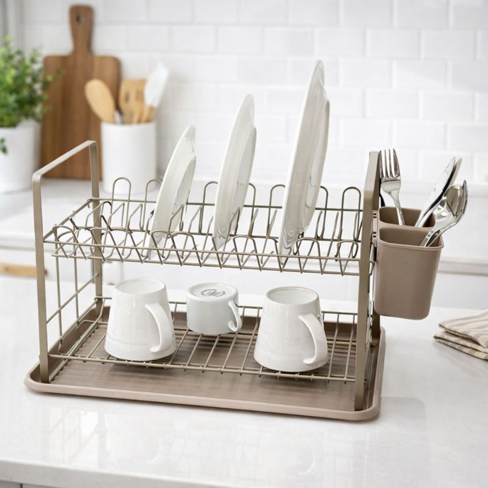 Πιατοθήκη διώροφη από μέταλλο σε χρώμα εκρού 48x32x29