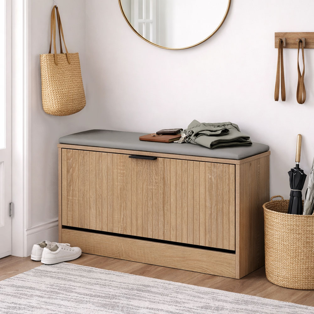 Παπουτσοθήκη-σκαμπό από mdf σε χρώμα φυσικό 80x24x50