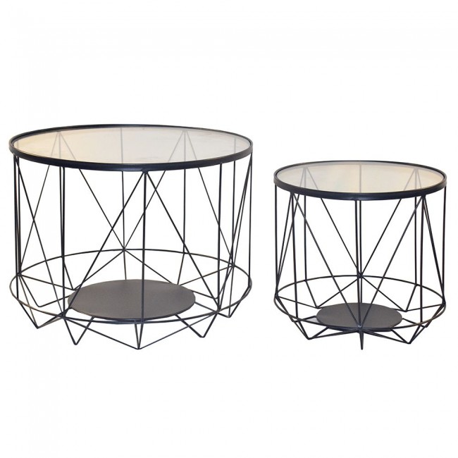 Σετ τραπεζάκια σαλονιού 2τμχ από μέταλλο/γυαλί σε μαύρο χρώμα 60x60x40