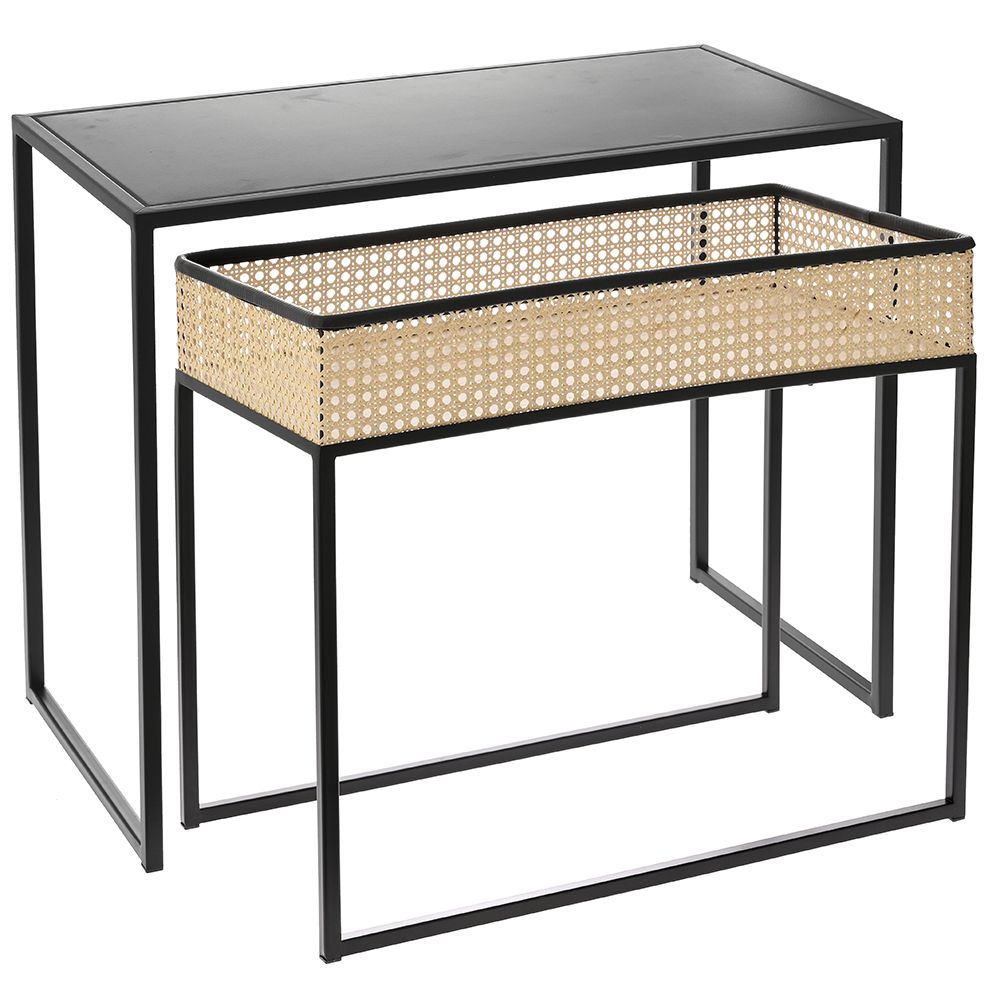 Σετ τραπεζάκια 2τμχ από μέταλλο/ψάθα σε μαύρο/φυσικό χρώμα 60x30x50