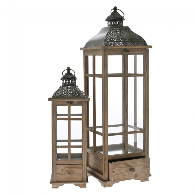 Σετ φανάρια διακοσμητικά από ξύλο/μέταλλο σε χρώμα καφέ/μαύρο 26x26x91